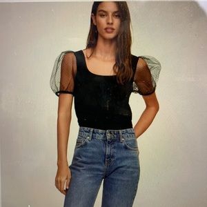MANGO Square Neck Mesh Puff Sleeve Top